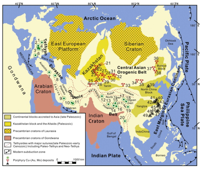 欧亚大陆斑岩矿床的分布及其相应的构造背景
